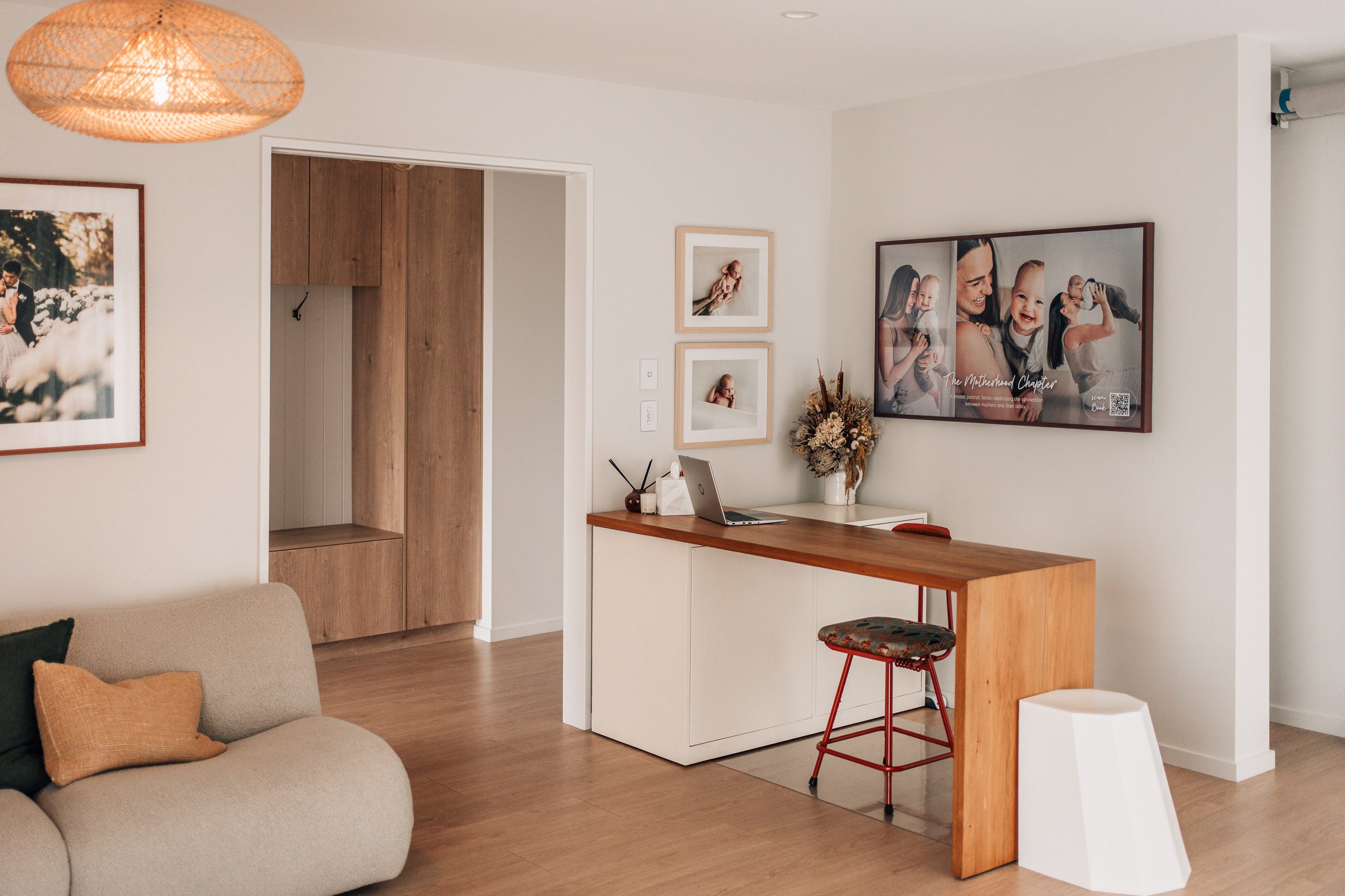 Welcoming reception and seating area inside Lincoln Christchurch family photography studio